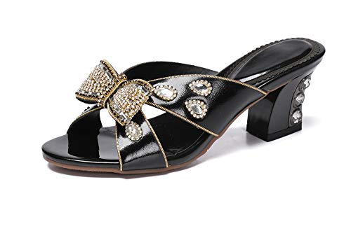 URVIP Damen Schleife Rhinestone Wedge Slippers Sandalen Peep Toe Kleid Schuhe Schwarz 34 2/3 EU von URVIP