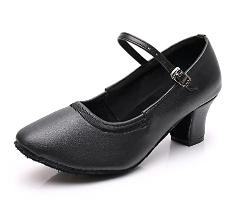 URVIP Frauen Latin Ballsaal Charakter Schuhe Salsa Kleid Party Tanz Kunstleder Moderne Tanzschuhe mit 5cm Absatzhöhe QR-1309 Schwarz 38 2/3 EU von URVIP