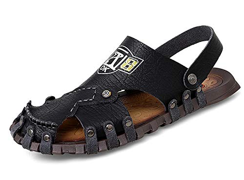 URVIP Herren Entspannt Geschlossener Toe Leder Sandalen Outdoor Fischer Einstellbar Sommer Schuhe Schwarz 42.5 EU von URVIP