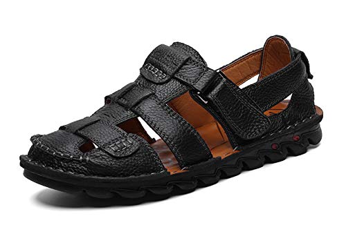 URVIP Herren Entspannt Geschlossener Toe Leder Sandalen Outdoor Fischer Einstellbar Sporty Sommer Schuhe Schwarz 42.5 EU von URVIP