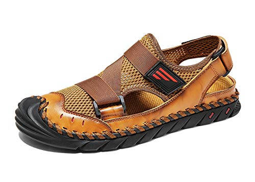 URVIP Herren Sommer Entspannt Geschlossener Toe Leder Sandalen Outdoor Fischer Einstellbar Strand Schuhe Khaki 42 EU von URVIP