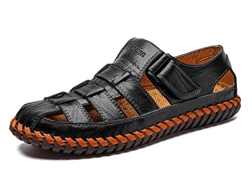 URVIP Herren Sport Sandalen Atmungsaktiv Outdoor Sommer Fischer Schuhe Einstellbar Geschlossener Toe Leder Faule Schuhe Schwarz 44 EU von URVIP