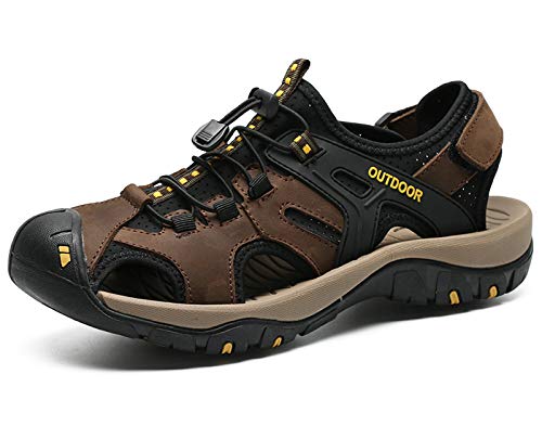 URVIP Herren Sport Wandern Sandalen Atmungsaktiv Outdoor Sommer Spitzen Fischer Schuhe Geschlossener Toe Leder Faule Schuhe Braun 42 EU von URVIP