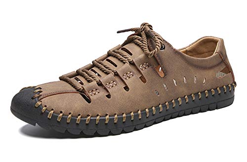 URVIP Herren Wandern Sandalen Atmungsaktiv Outdoor Sommer Spitzen Fischer Schuhe Geschlossener Toe Leder Strand Faule Schuhe Braun 42.5 EU von URVIP