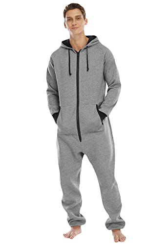 URVIP Mens Jumpsuits mit Kapuze Voller Reißverschluss Einteiler Leichtes Strampler Athletisches Laufen Jogging Trainingsanzug mit Kängurutaschen Hellgrau M von URVIP