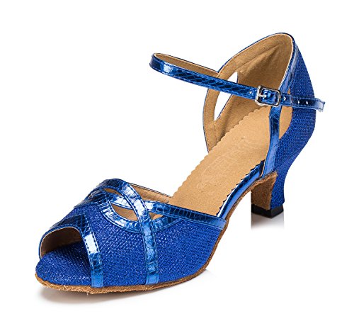 URVIP Neuheiten Frauen's Glitter Leder Heels Absatzschuhe Moderne Latein-Schuhe mit Knöchelriemen Tanzschuhe LD059 Blau 36 EU von URVIP