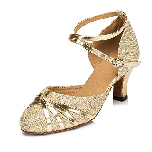 URVIP Neuheiten Frauen's Pailletten Heels Absatzschuhe Moderne Latein-Schuhe mit Knöchelriemen Tanzschuhe LD072 Gold 37 EU von URVIP