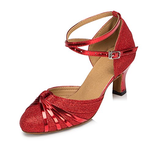 URVIP Neuheiten Frauen's Pailletten Heels Absatzschuhe Moderne Latein-Schuhe mit Knöchelriemen Tanzschuhe LD072 Rot 35 EU von URVIP