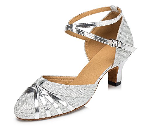 URVIP Neuheiten Frauen's Pailletten Heels Absatzschuhe Moderne Latein-Schuhe mit Knöchelriemen Tanzschuhe LD072 Silber 33.5 EU von URVIP