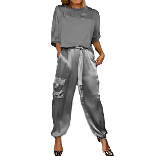 URWEIGH Damen-Set Aus Glattem Satin-Oberteil Und Hose Mit Halben Ärmeln, Lässiges Sommer-Satin-Zweiteiler-Outfit Für Damen, Jogger-Lounge-Set (Grau,XL) von URWEIGH