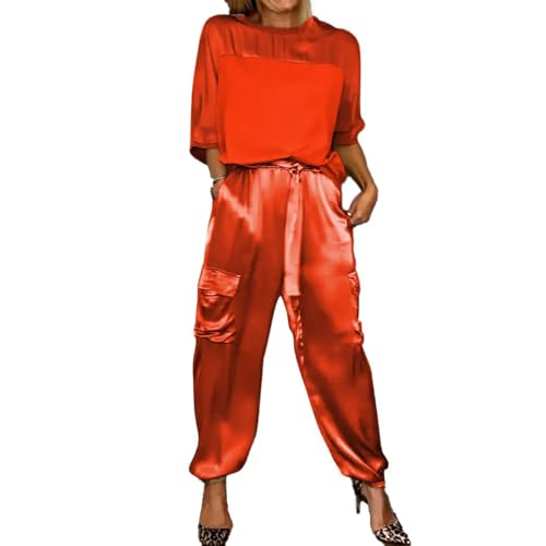 URWEIGH Damen-Set Aus Glattem Satin-Oberteil Und Hose Mit Halben Ärmeln, Lässiges Sommer-Satin-Zweiteiler-Outfit Für Damen, Jogger-Lounge-Set (Rot,S) von URWEIGH