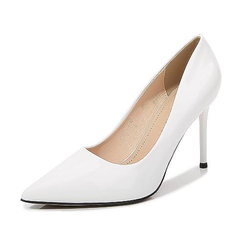 URYJPQM 9.5cm Damen Pumpen Spitzenhohen Schuhe sexy gemütliche Party Hochzeit Geschäft Klassische High Heels,Weiß,44 EU von URYJPQM