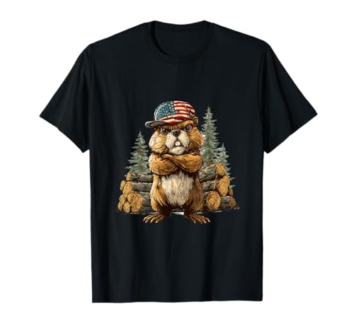 Cooler Biber mit US-Mütze und Wald für Erwachsene und Kinder T-Shirt von US Beaver Outfit