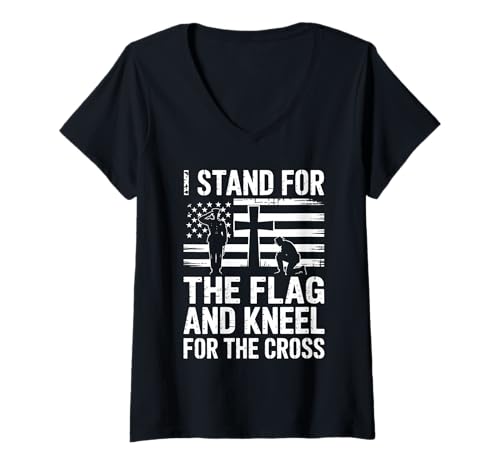 Damen I Stand for The Flag and Kneel for The Cross Patrioten T-Shirt mit V-Ausschnitt Damen I Stand for The Flag and Kneel for The Cross Patrioten T-Shirt mit V-Ausschnitt von US Flagge Christliche Patriotische Werte