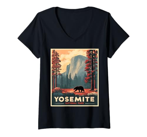 Damen Malerisches Nationalpark-Design und EIN Grizzlybär, EIN Yosemite T-Shirt mit V-Ausschnitt von US National Parks, Outdoor Activities and Hiking