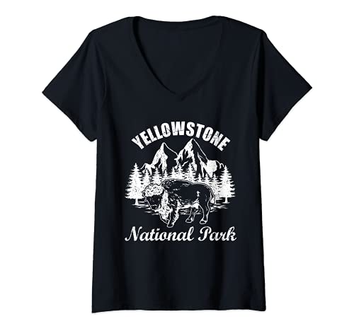 Damen Yellowstone Nationalpark Männer Bison Büffel Yellowstone T-Shirt mit V-Ausschnitt Damen Yellowstone Nationalpark Männer Bison Büffel Yellowstone T-Shirt mit V-Ausschnitt von US Nationalpark Souvenirs