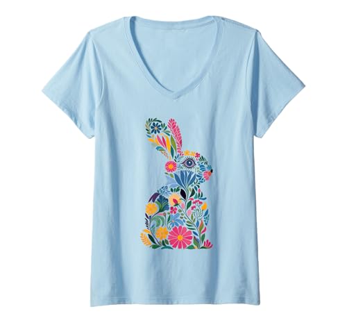 Damen Floral Bunny Silhouette Bunt Frühling Boho Hase Natur T-Shirt mit V-Ausschnitt Damen Floral Bunny Silhouette Bunt Frühling Boho Hase Natur T-Shirt mit V-Ausschnitt von US32 Bloom and Bunny Artwear