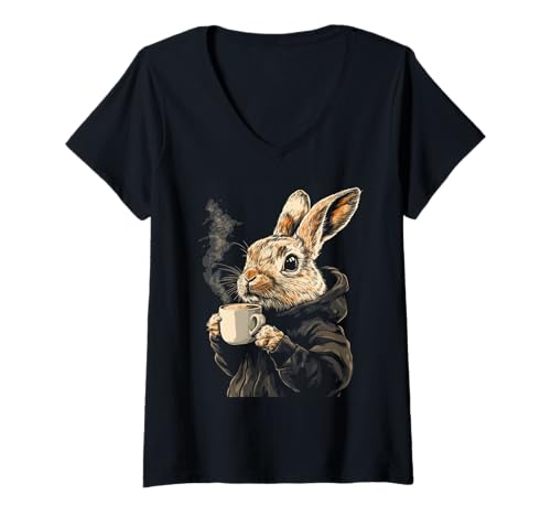 Damen Coffee Bunny Hoodie Cozy Rabbit Drinking Coffee Cute Anima T-Shirt mit V-Ausschnitt von US32 Cozy Critters Coffee Club