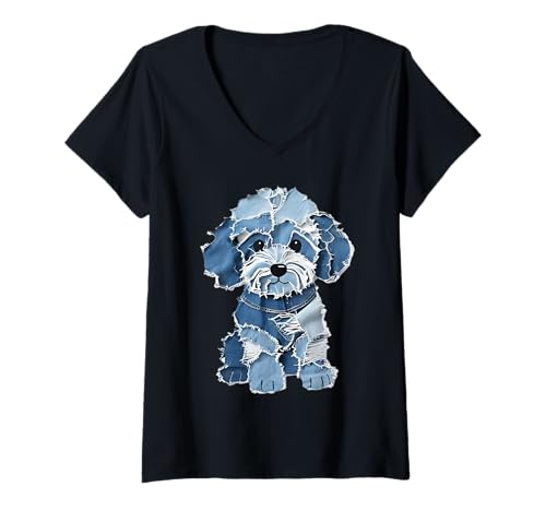 Damen Niedliche Denim-Patchwork-Welpen- T-Shirt mit V-Ausschnitt von US32 Patchwork Paws Apparel Co.