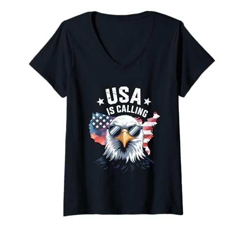 Damen USA is Calling Adler Amerika Flagge Sterne Und Streifen T-Shirt mit V-Ausschnitt Damen USA is Calling Adler Amerika Flagge Sterne Und Streifen T-Shirt mit V-Ausschnitt von USA Adler Amerika Flagge Sterne Und Streifen