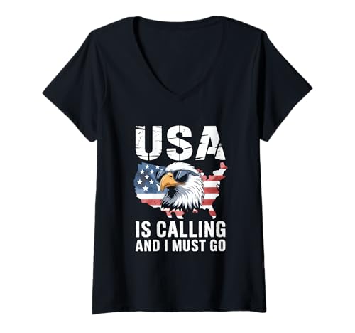 Damen USA is Calling and I Must Go Adler Patriot Flagge T-Shirt mit V-Ausschnitt Damen USA is Calling and I Must Go Adler Patriot Flagge T-Shirt mit V-Ausschnitt von USA Adler Patriot Amerika Flagge Roadtrip