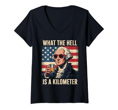 Damen USA was zur Hölle ist EIN Kilometer? Georg Washington T-Shirt mit V-Ausschnitt Damen USA was zur Hölle ist EIN Kilometer? Georg Washington T-Shirt mit V-Ausschnitt von USA America Patriotic US Flag
