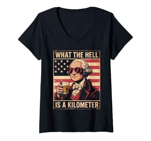 Damen USA was zur Hölle ist EIN Kilometer? Georg Washington T-Shirt mit V-Ausschnitt Damen USA was zur Hölle ist EIN Kilometer? Georg Washington T-Shirt mit V-Ausschnitt von USA America Patriotic US Flag