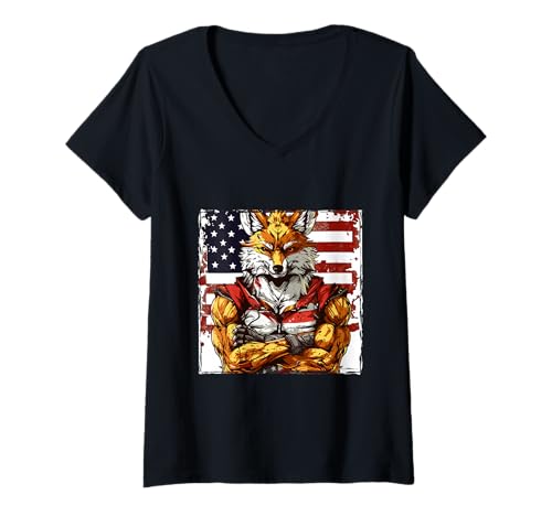 Damen American Fox Maskottchen USA Flagge T-Shirt mit V-Ausschnitt Damen American Fox Maskottchen USA Flagge T-Shirt mit V-Ausschnitt von USA Animals Mood Inc