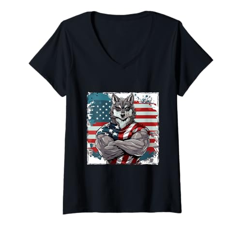 Damen American Wolf Maskottchen USA Flagge T-Shirt mit V-Ausschnitt Damen American Wolf Maskottchen USA Flagge T-Shirt mit V-Ausschnitt von USA Animals Mood Inc