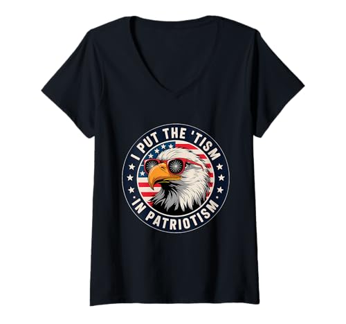 Damen I Put The Tism In Patriotismus Adler with Sunglasses T-Shirt mit V-Ausschnitt von USA Autism Retro Funny Quote Patriotic Style