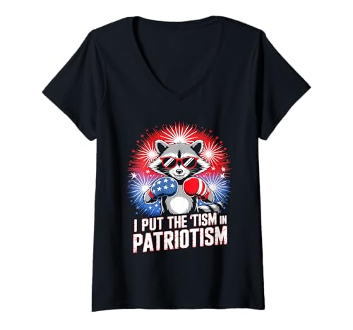 Damen I Put The Tism In Patriotismus Boxing Raccoon T-Shirt mit V-Ausschnitt von USA Autism Retro Funny Quote Patriotic Style