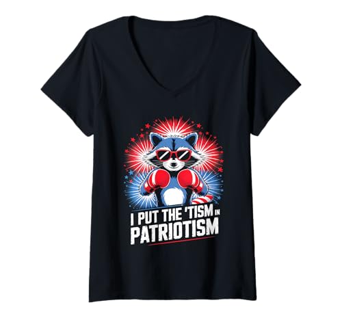 Damen I Put The Tism In Patriotismus Boxing Raccoon T-Shirt mit V-Ausschnitt von USA Autism Retro Funny Quote Patriotic Style