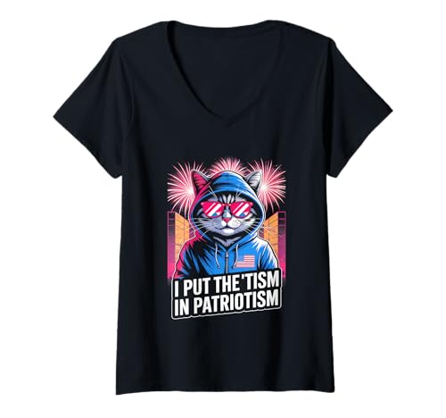 Damen I Put The Tism In Patriotismus Cool Cat with Sunglasses T-Shirt mit V-Ausschnitt von USA Autism Retro Funny Quote Patriotic Style