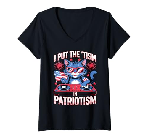 Damen I Put The Tism In Patriotismus DJ Cat T-Shirt mit V-Ausschnitt von USA Autism Retro Funny Quote Patriotic Style