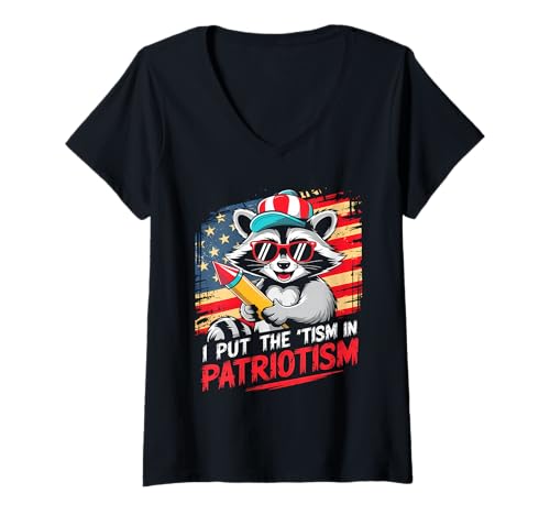 Damen I Put The Tism In Patriotismus Fireworks Raccoon US Flag T-Shirt mit V-Ausschnitt von USA Autism Retro Funny Quote Patriotic Style