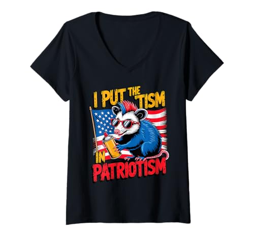 Damen I Put The Tism In Patriotismus Graffiti Opossum T-Shirt mit V-Ausschnitt von USA Autism Retro Funny Quote Patriotic Style