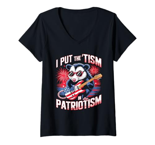 Damen I Put The Tism In Patriotismus Playing Guitar Opossum T-Shirt mit V-Ausschnitt von USA Autism Retro Funny Quote Patriotic Style