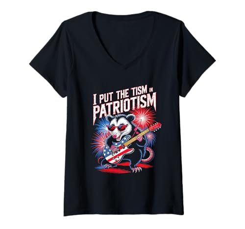 Damen I Put The Tism In Patriotismus Playing Guitar Opossum T-Shirt mit V-Ausschnitt von USA Autism Retro Funny Quote Patriotic Style