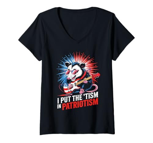 Damen I Put The Tism In Patriotismus Playing Guitar Opossum T-Shirt mit V-Ausschnitt von USA Autism Retro Funny Quote Patriotic Style