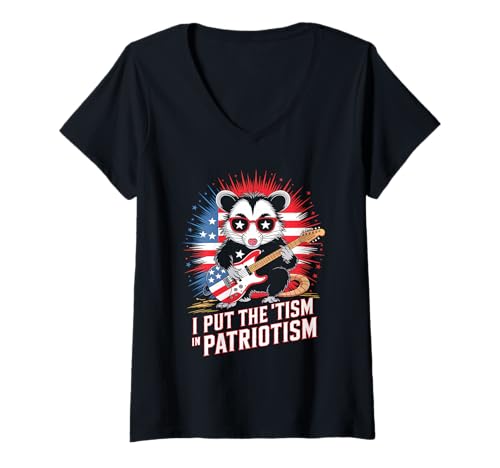 Damen I Put The Tism In Patriotismus Playing Guitar Opossum T-Shirt mit V-Ausschnitt von USA Autism Retro Funny Quote Patriotic Style