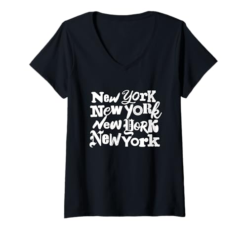 Damen New York mit mehreren Schriftarten Kreative typografische Grafik T-Shirt mit V-Ausschnitt Damen New York mit mehreren Schriftarten Kreative typografische Grafik T-Shirt mit V-Ausschnitt von USA City With Different Fonts Typography Design