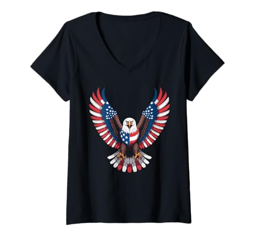 Damen Patriotischer Adler Mit USA Flaggenflügeln Freiheit Stolz T-Shirt mit V-Ausschnitt von USA Flag Adler Illustration Für Veteranen Freunde