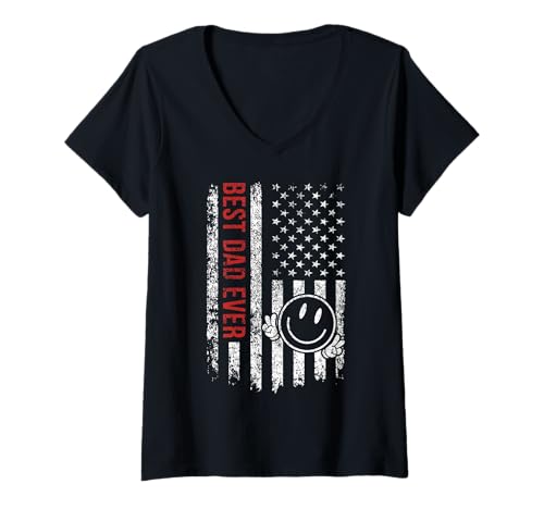 Damen USA-Flagge Best Dad Ever Amerikanische Flagge US Smile Face 2025 T-Shirt mit V-Ausschnitt Damen USA-Flagge Best Dad Ever Amerikanische Flagge US Smile Face 2025 T-Shirt mit V-Ausschnitt von USA Flag Best Dad Ever American Flag US Smile Face