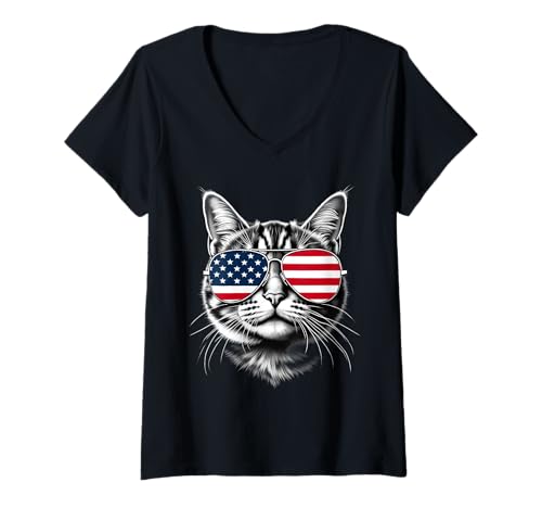 Damen USA Cat Face Sonnenbrille Amerikanische Flagge T-Shirt mit V-Ausschnitt von USA Flag Designs