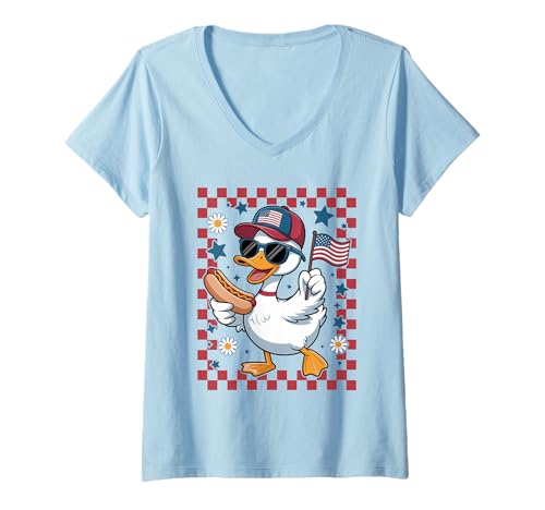 Damen Patriotische Ente Sonnenbrille Karomuster 4. Juli Parade T-Shirt mit V-Ausschnitt von USA Flag Duck Hot Dog Summer BBQ Cookout