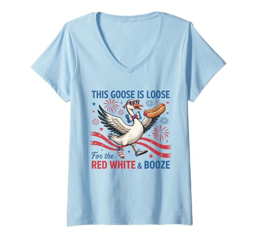 Damen This Goose is Lose for the Red White & Booze 4th of July T-Shirt mit V-Ausschnitt von USA Fourth of July American Goose Patriotic Shirts