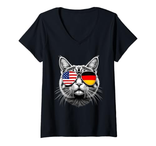 Damen US Deutsche Katze Sonnenbrille Design Deutschland USA Flagge T-Shirt mit V-Ausschnitt Damen US Deutsche Katze Sonnenbrille Design Deutschland USA Flagge T-Shirt mit V-Ausschnitt von USA Germany Flag Cat Designs