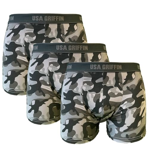 3X Boxershorts Herren Baumwolle Unterhosen Unterwäsche Baumwolle Retroshorts (DE/NL/SE/PL, Alphanumerisch, L, Regular, Regular, 3er Pack Camo Grau) von USA Griffin