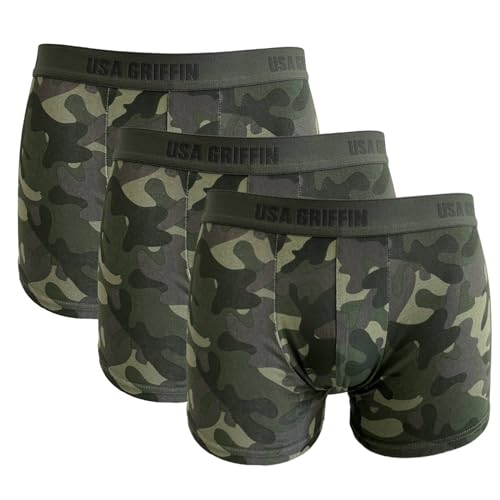 3X Boxershorts Herren Baumwolle Unterhosen Unterwäsche Baumwolle Retroshorts (DE/NL/SE/PL, Alphanumerisch, L, Regular, Regular, 3er Pack Camo Olive) von USA Griffin