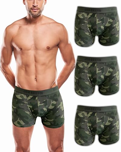 USA Griffin Boxershorts Herren Unterhosen Männer Unterwäsche Men Shorts Pants Baumwolle Underwear Bottoms Boxers 3er Pack (DE/NL/SE/PL, Alphanumerisch, L, Regular, Regular, Camouflage Olive) von USA Griffin